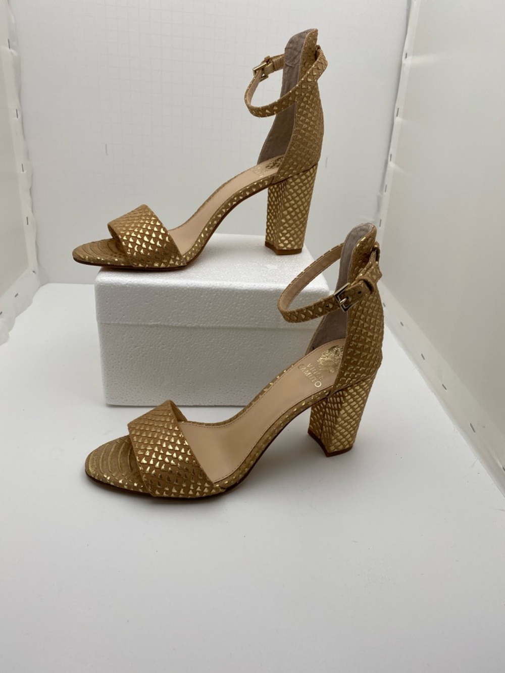 Metallic Gold Ankle-Strap Block Heel Sandals - Women